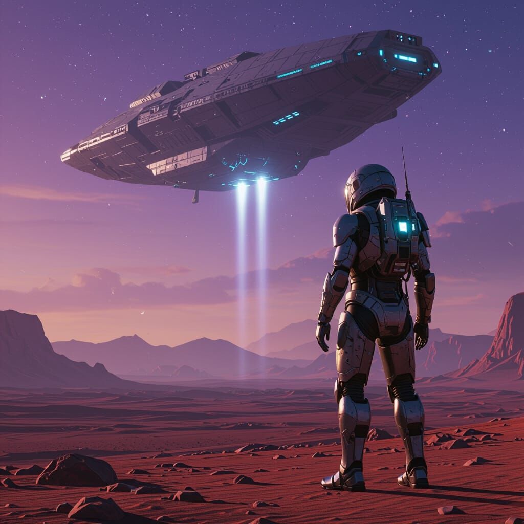 Detailed matte painting. Wide shot. A lone bio-cybernetic explorer stands on a desolate alien planet, gazing up at a col...