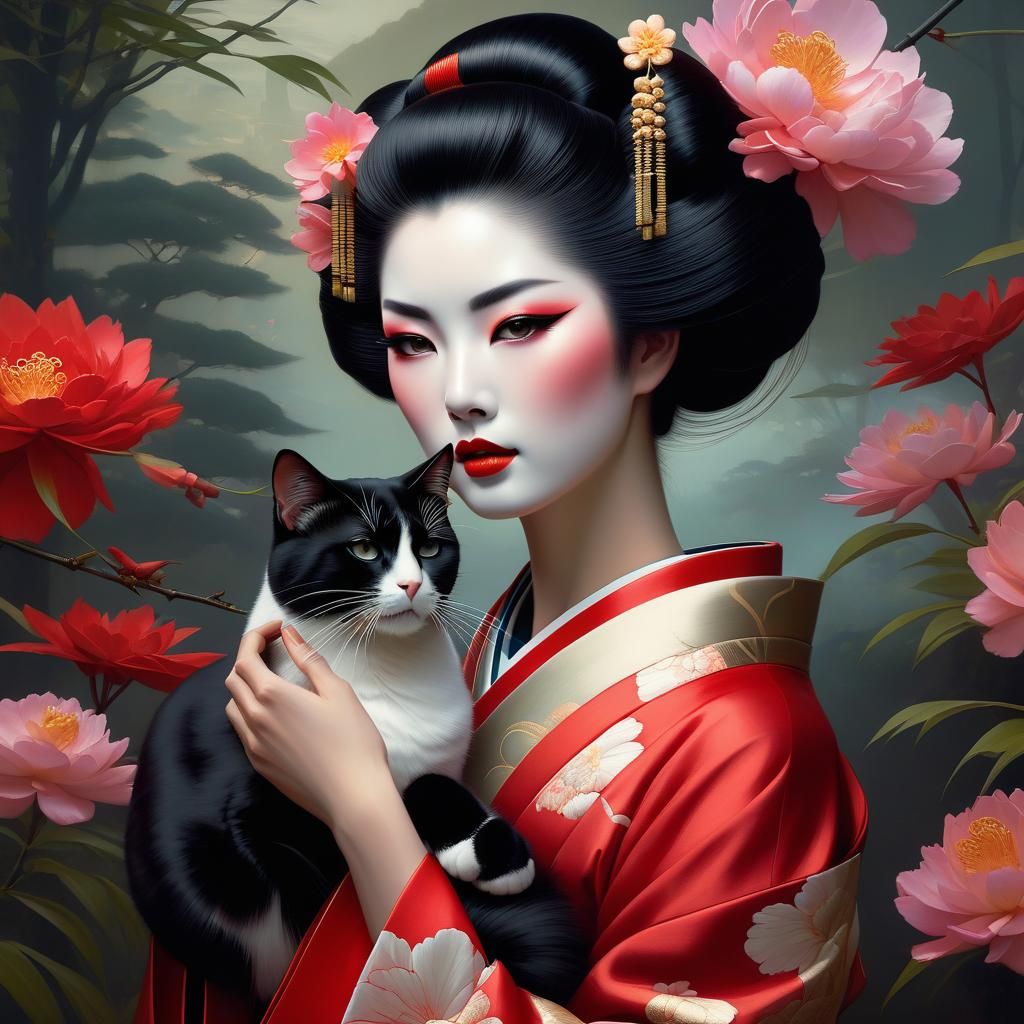 Geisha with Cat in Oil Paint Style