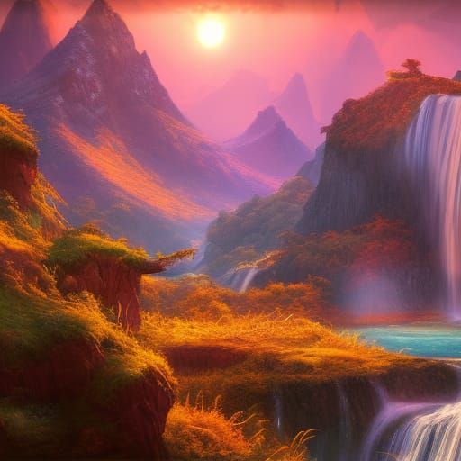 Sunset Waterfall: Detailed Matte Painting in Deep Color