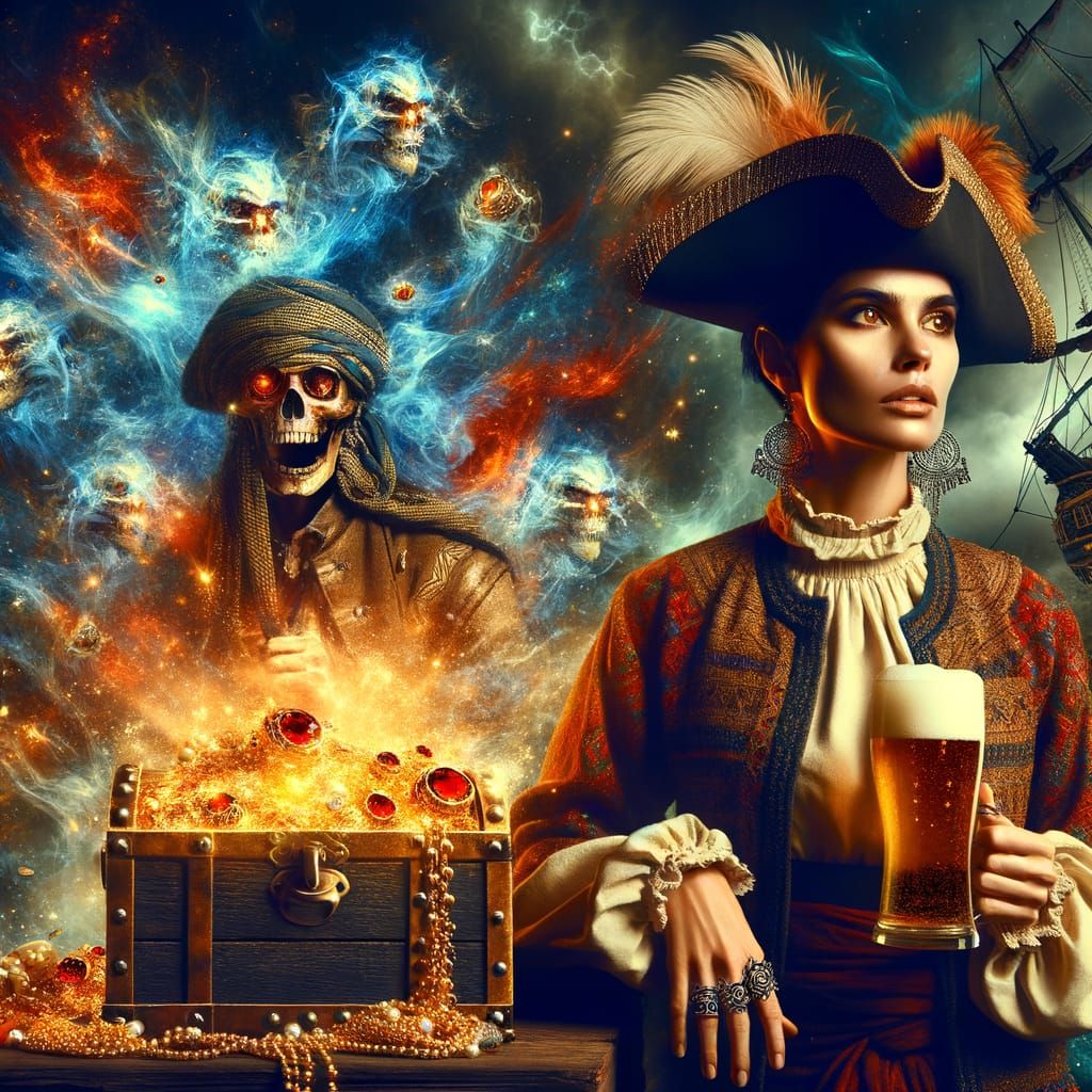 Battle-worn pirate lady in traditional pirate clothing, aboa...