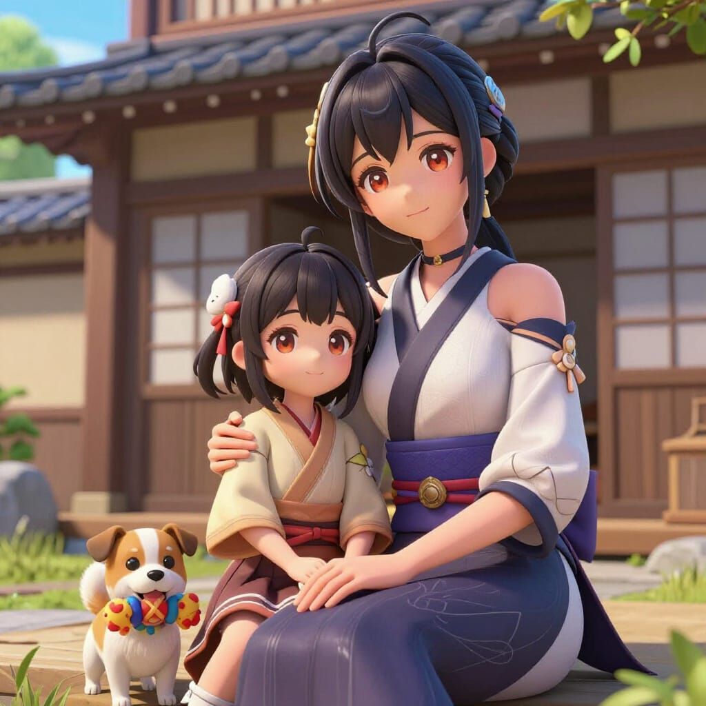 Mother and Daughter with Dog at Japanese House