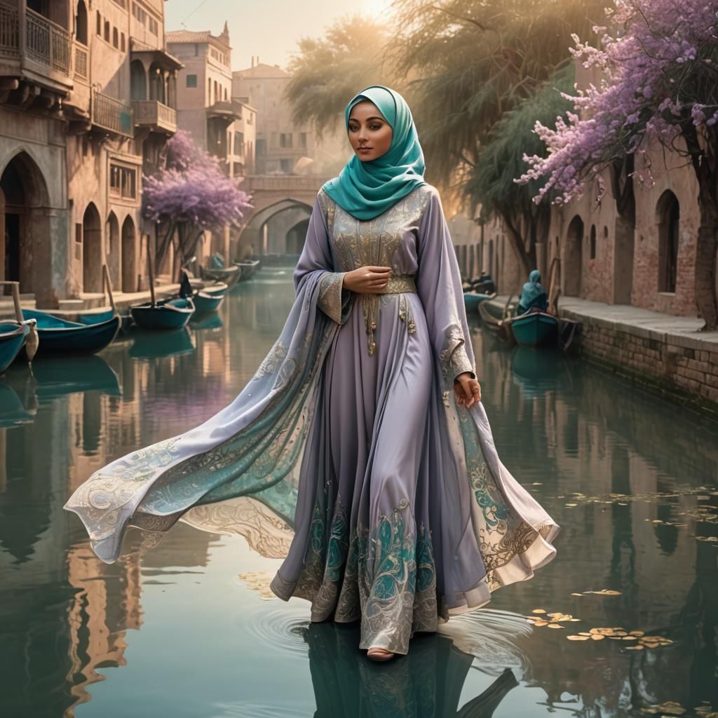 Girl in Abaya on Canal Bank in Fantasy Style