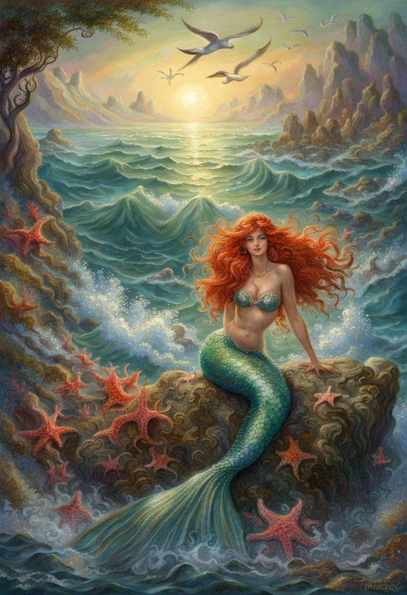 Mermaid with Red Hair in Romantic Digital Art