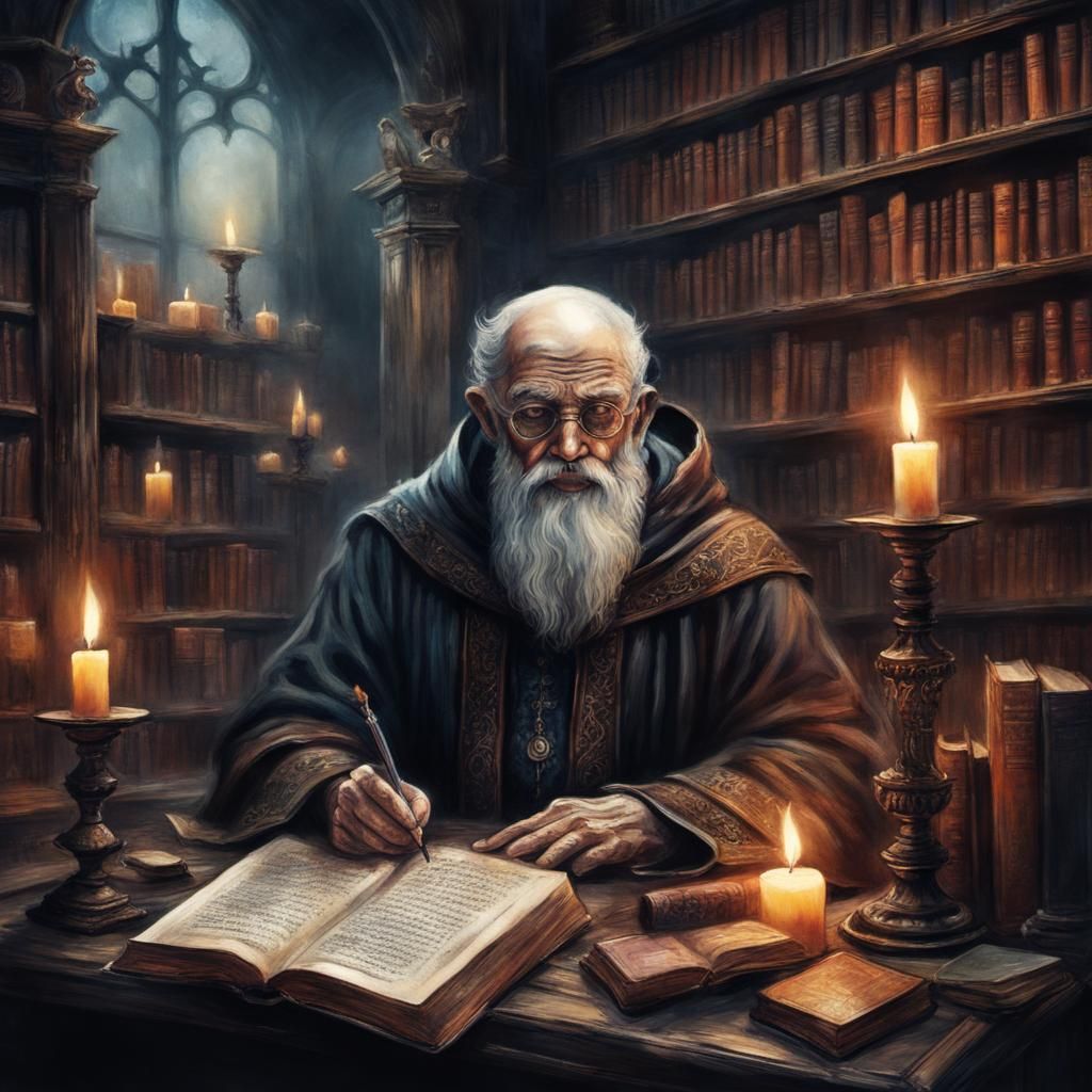 Macabre Dark Academia Library with Monks and Candles