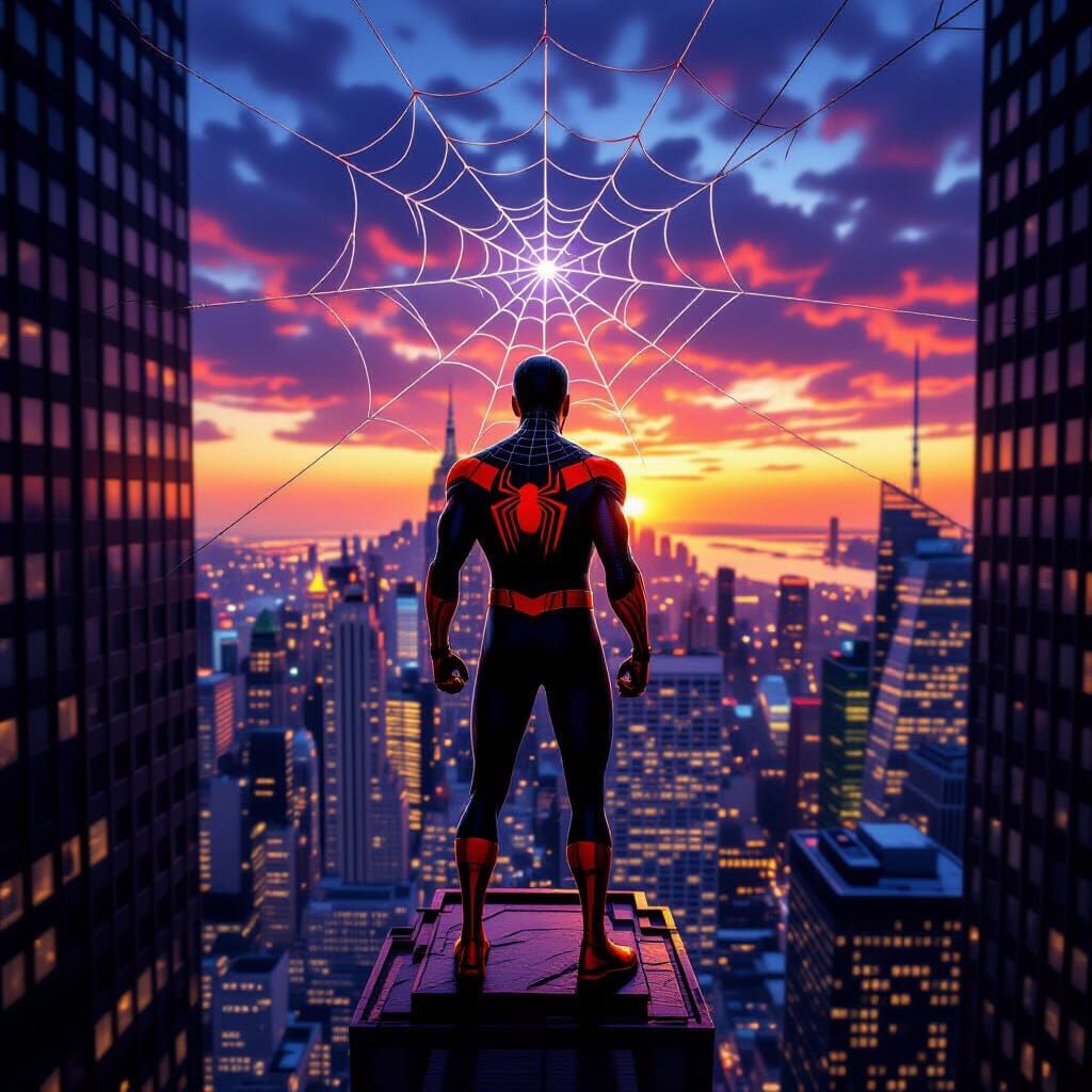 Spider-Man on Skyscraper Overlooking NYC at Sunset