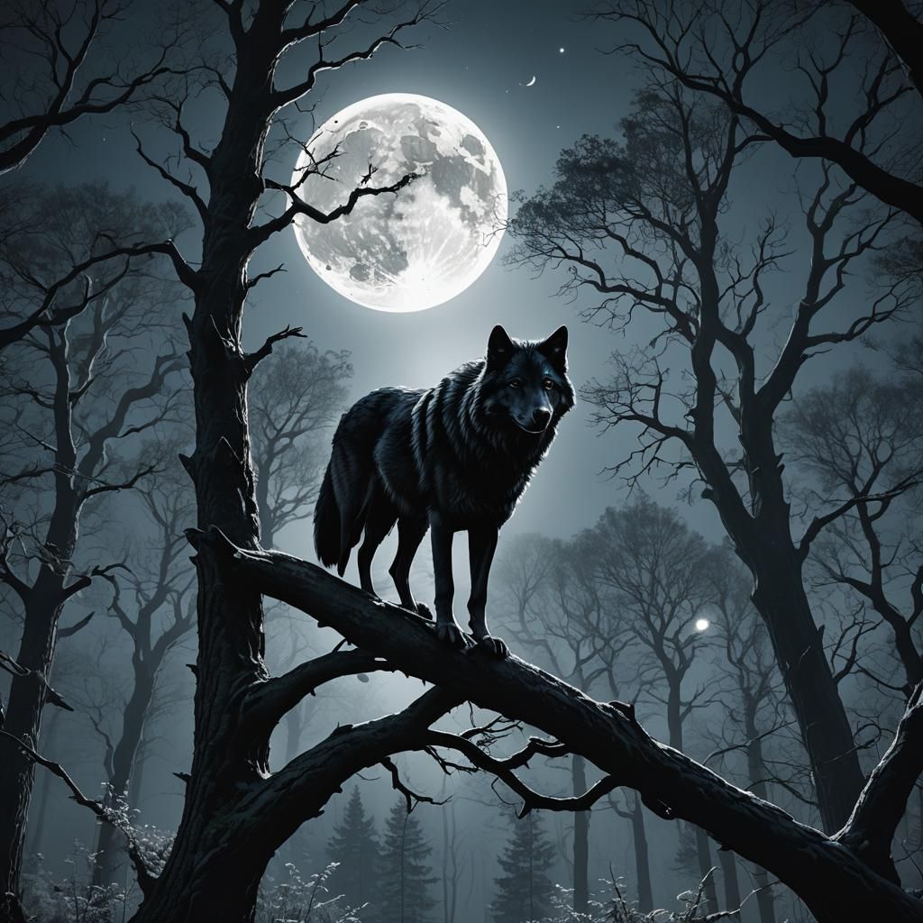 Monochrome Wolf Under Moonlight: Digital Matte Painting