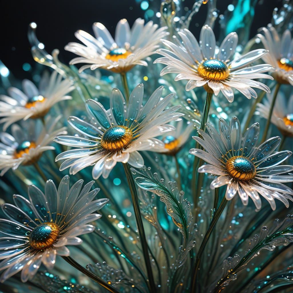Ethereal Glass Daisies in Abstract Expressionism Style