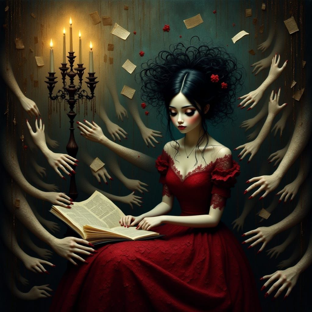 Gothic Woman Reads Ethereal Love Letters in Victorian Study