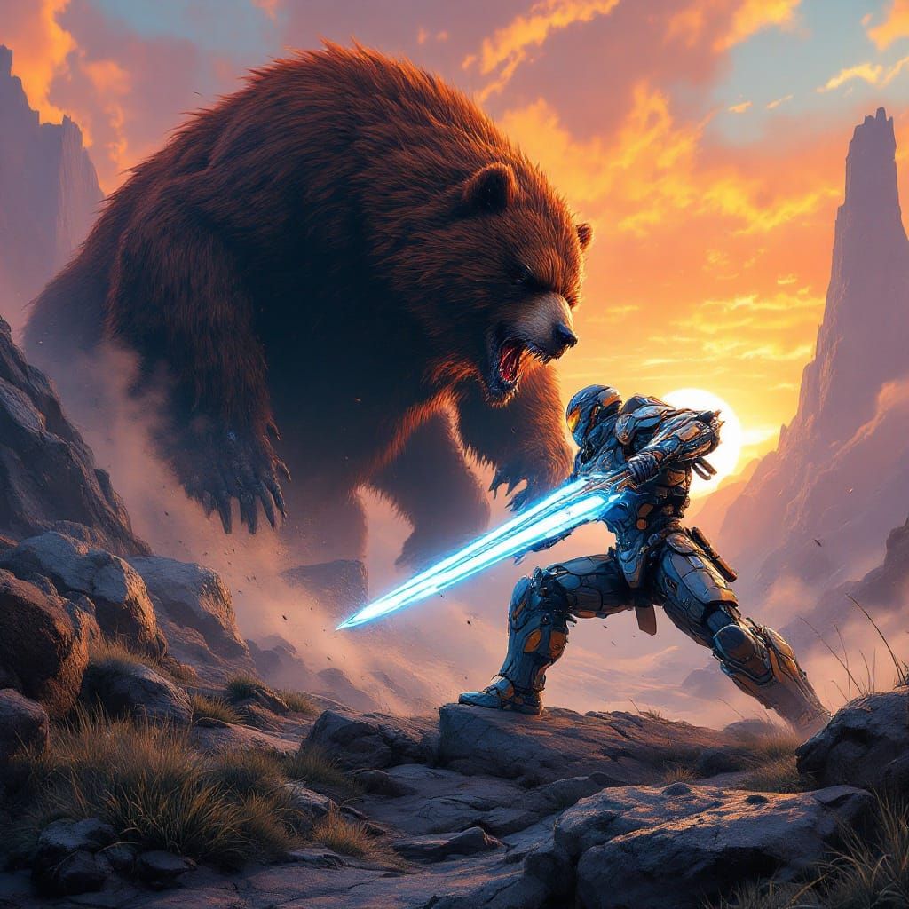 An monster hunter with oversized weapons, mid-leap to strike...