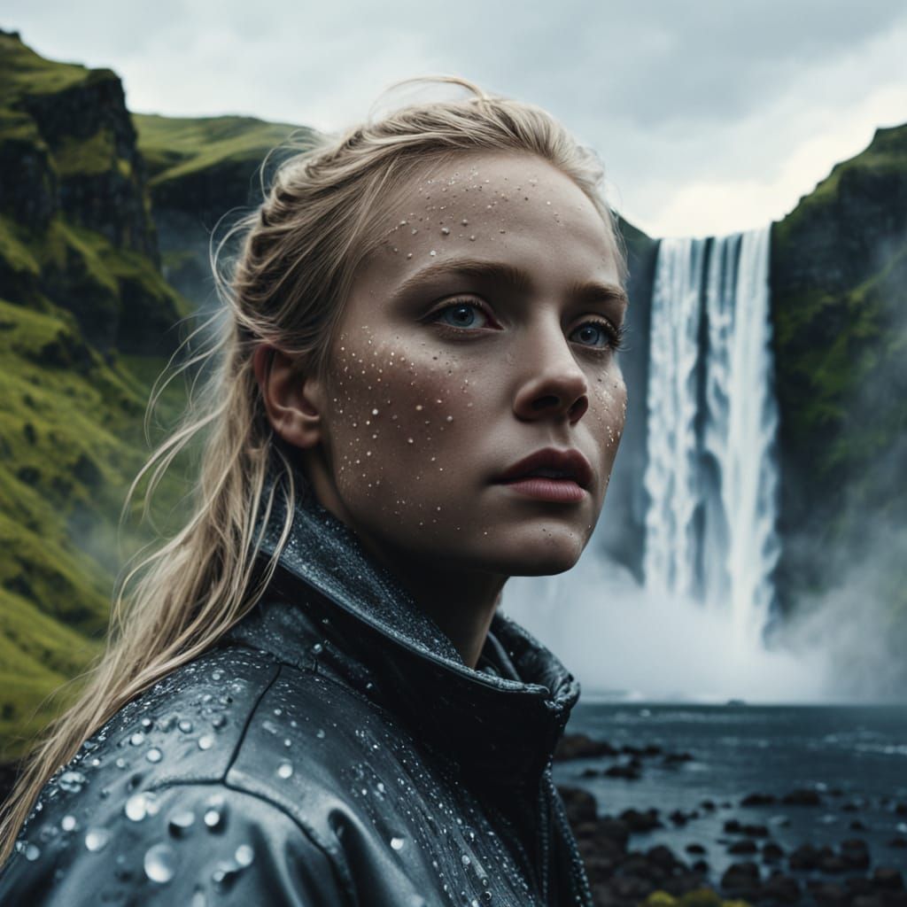 Blonde Woman Amidst Majestic Waterfall in Hyper-Realistic Di...