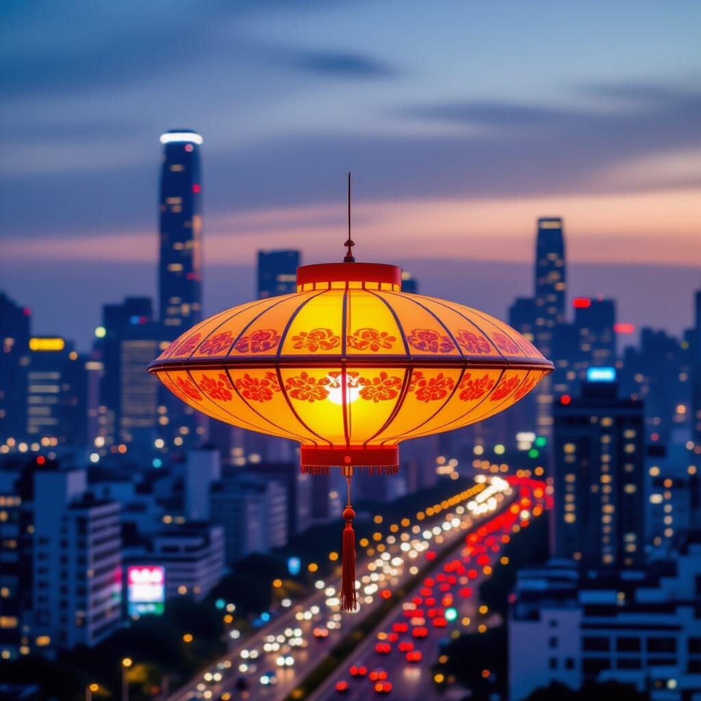 UFO Chinese Lantern Over City at Dusk