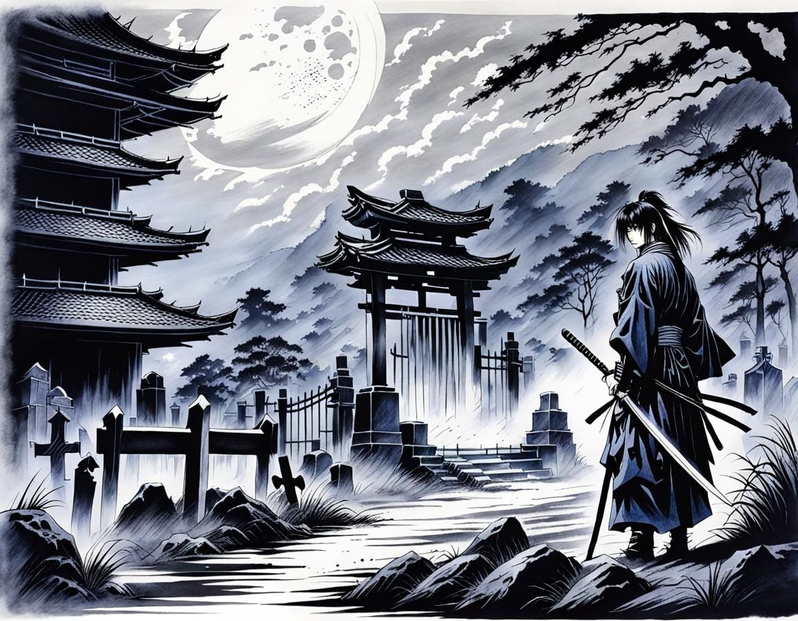 Samurai in Misty Graveyard: Ink and Brush Art