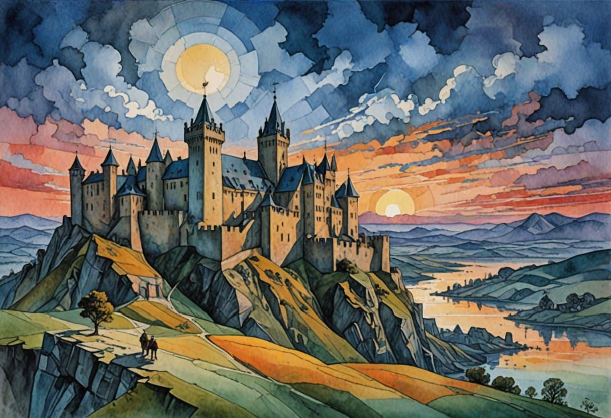 Surreal Sunset Fortress in Abstract Watercolour Patchwork St...