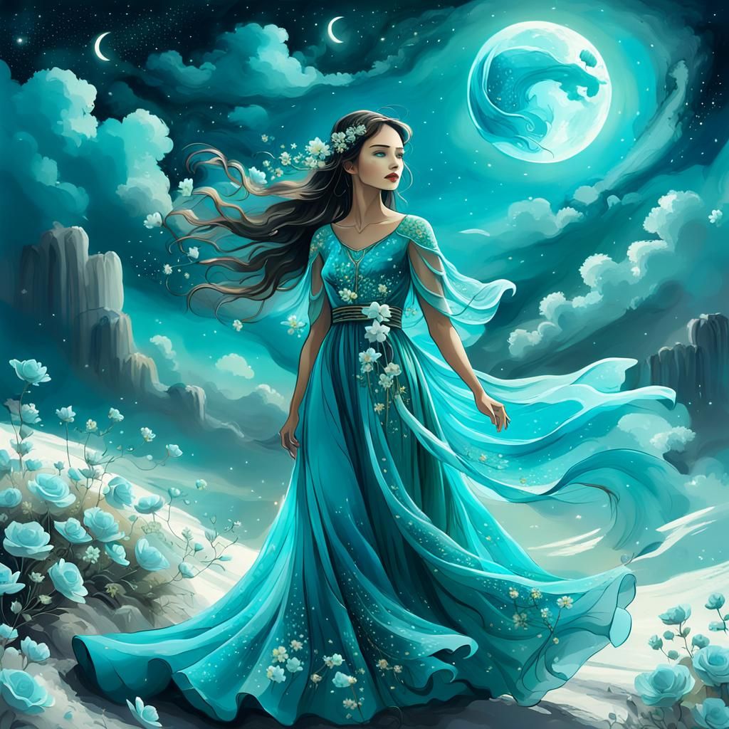 Woman on the Moon in Dreamy Fantasy Landscape