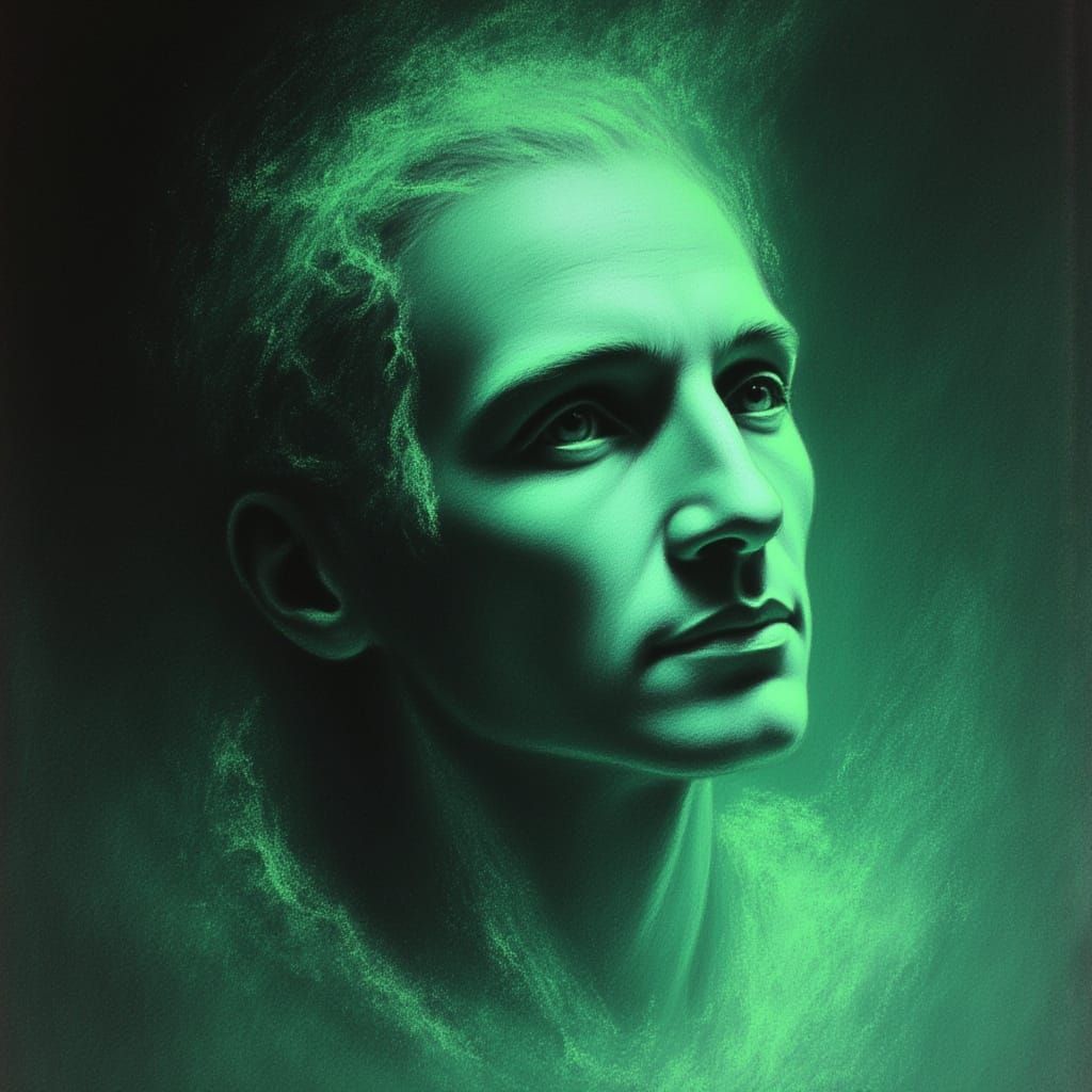 Ancient Stone Head in Cosmic Ocean, Painterly Monochrome Sty...