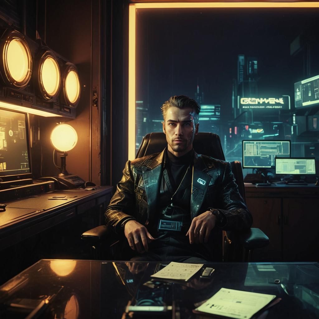 Cyberpunk Trader Portrait in Noir Style