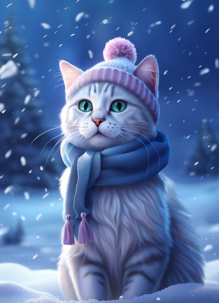 Cute Cat in Winter Gear on Snowy Night