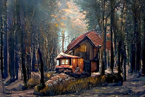 Vintage Cabin in Forest, Oil Painting Style