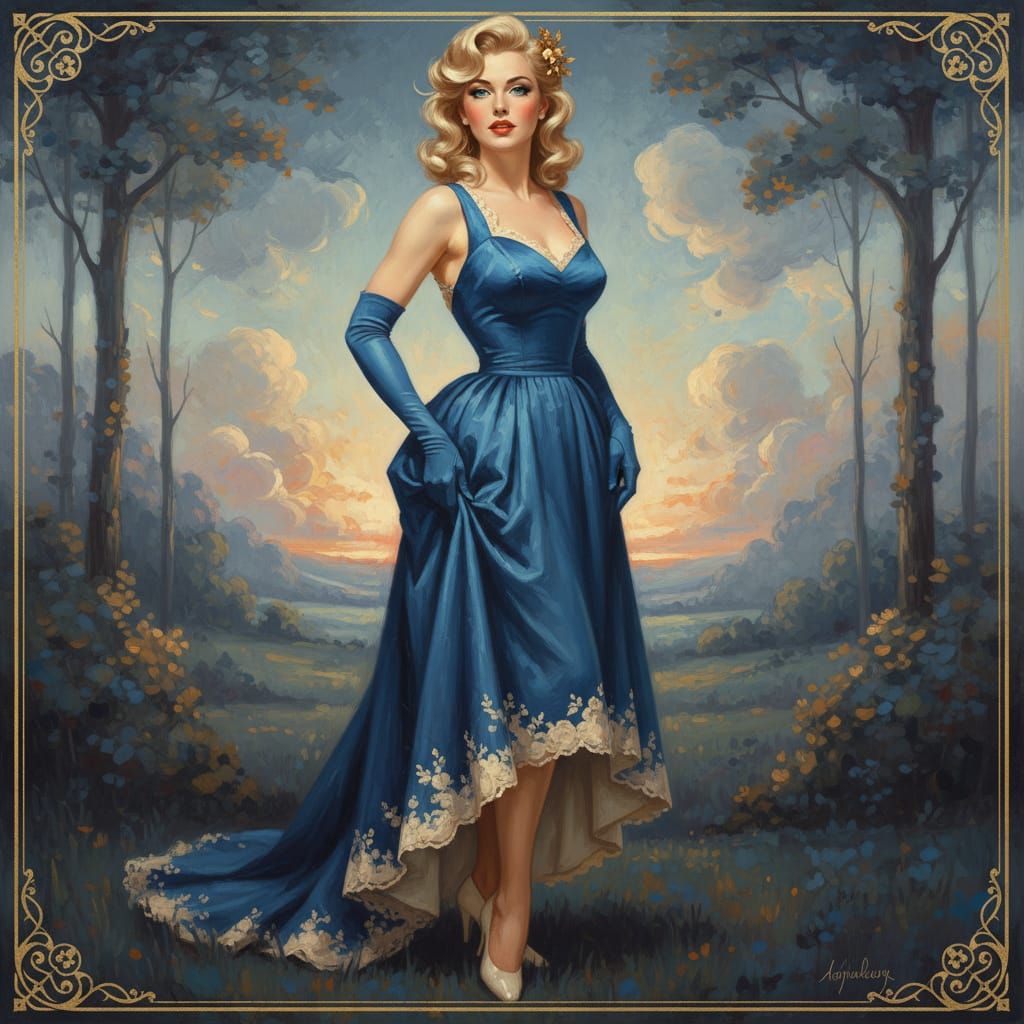 1950s Pin-Up Woman in Atmospheric Oil Painting Style