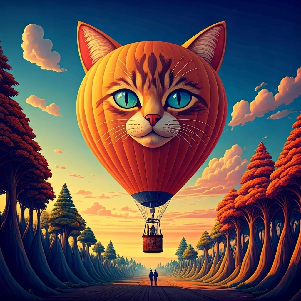Colourful Cat Hot Air Balloon in Surreal Style