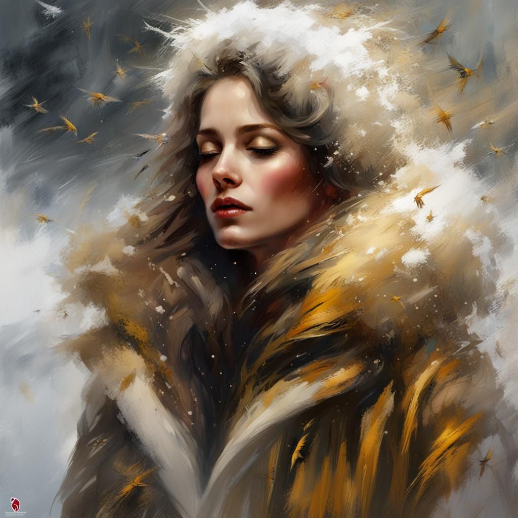 Woman in Blizzard with Gold Paint Strokes