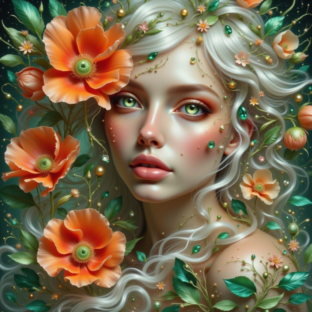 Ethereal Goddess Portrait with Pearl Hair and Gem Accents