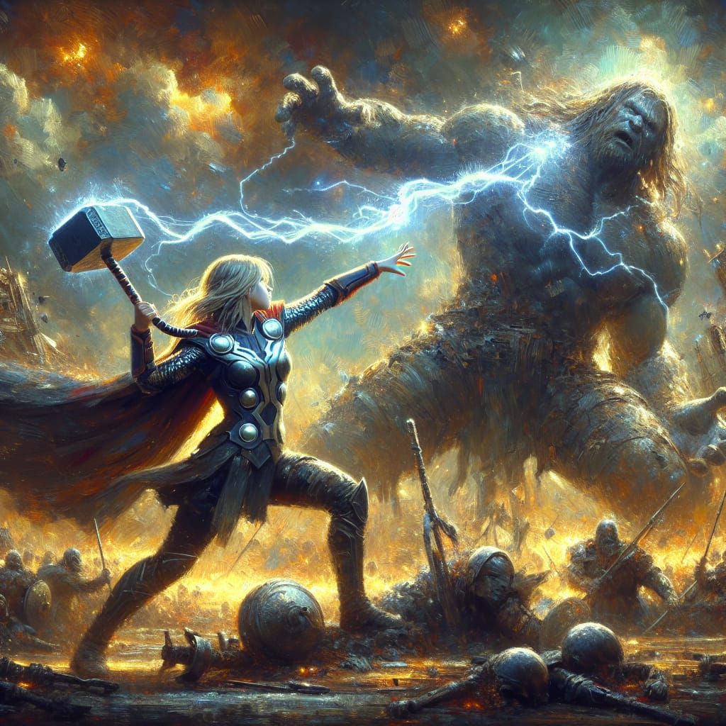 Thor-like Heroine Vanquishes Giant Foe as Impasto Painting