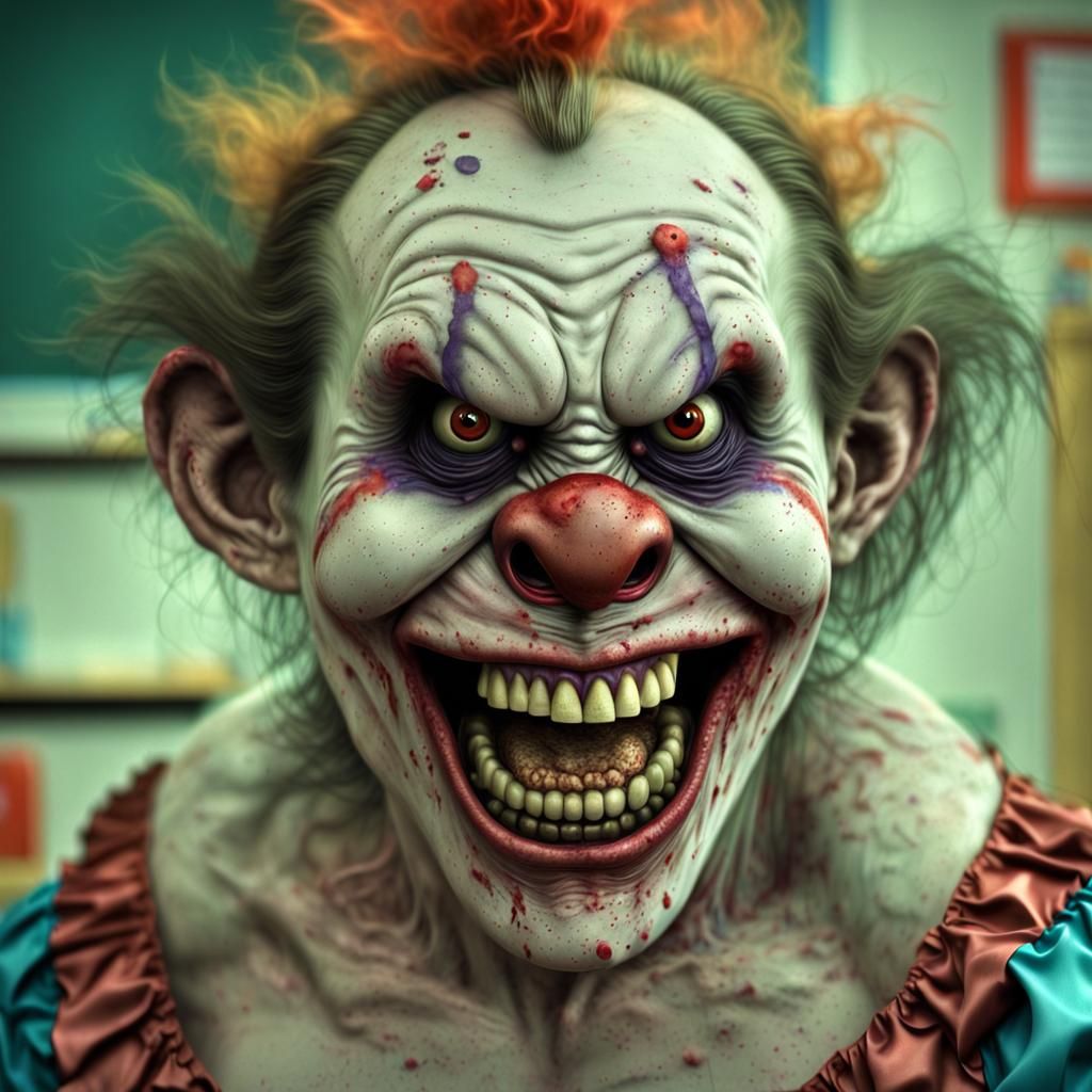 Hyperrealistic Zombie Monkey Clown Teacher Grinning Maniacal...