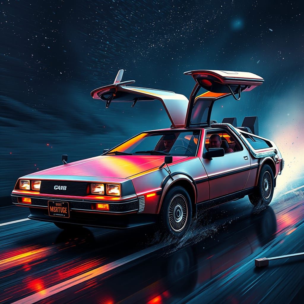 Marty McFly in His Iconic Time Traveling DeLorean
