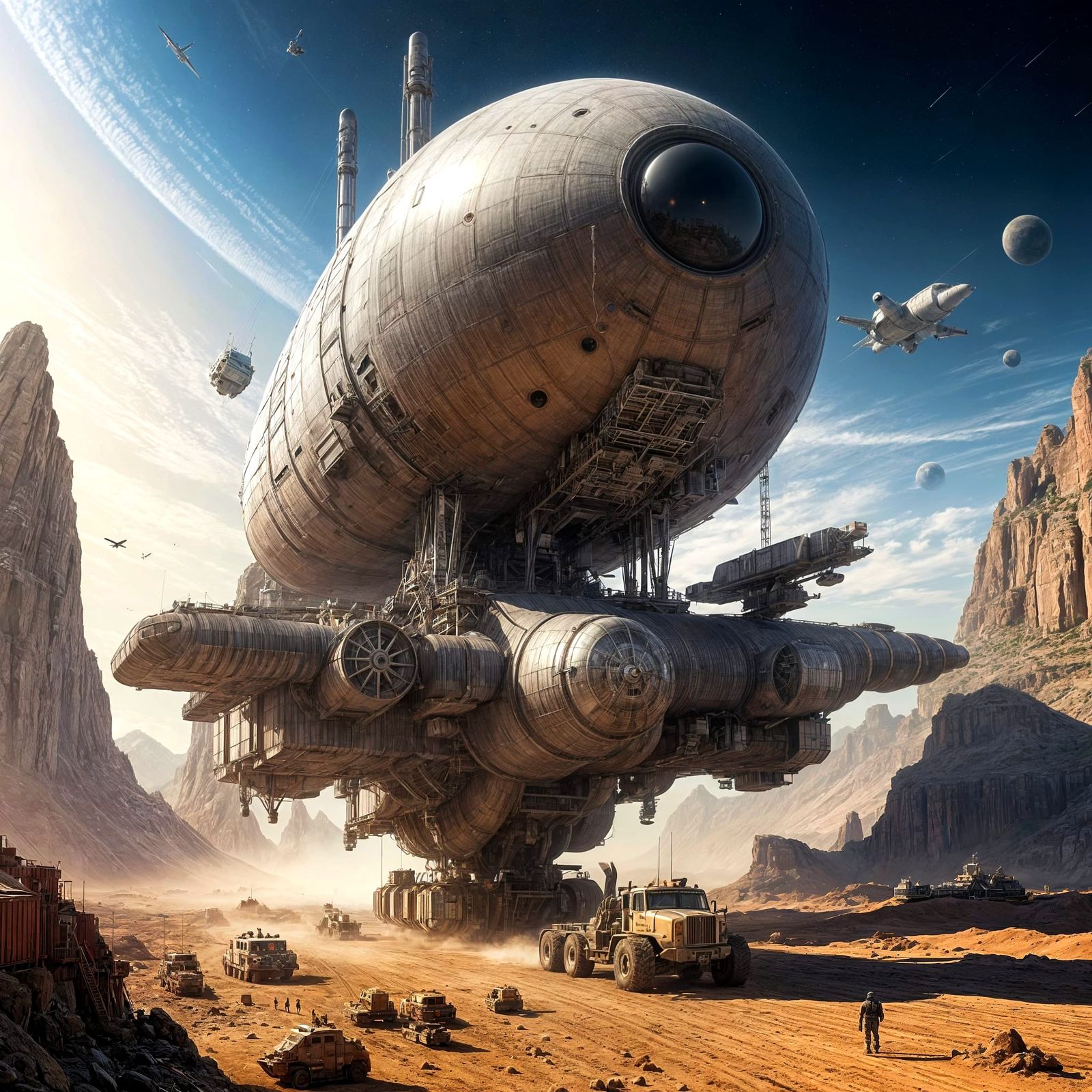 Massive Rod-Shaped Spaceship Docking Cargo Containers Above ...