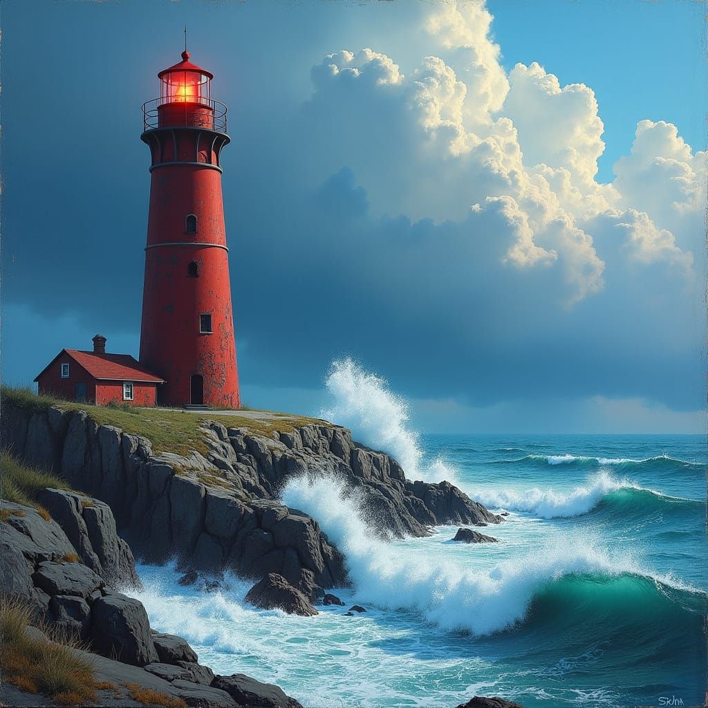 Lighthouse Beacon Against Tempestuous Sea, in Romantic Style