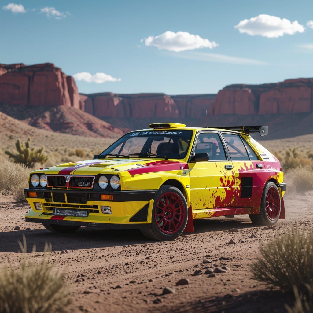Neon Yellow Lancia Delta HF Rally Car in Desert