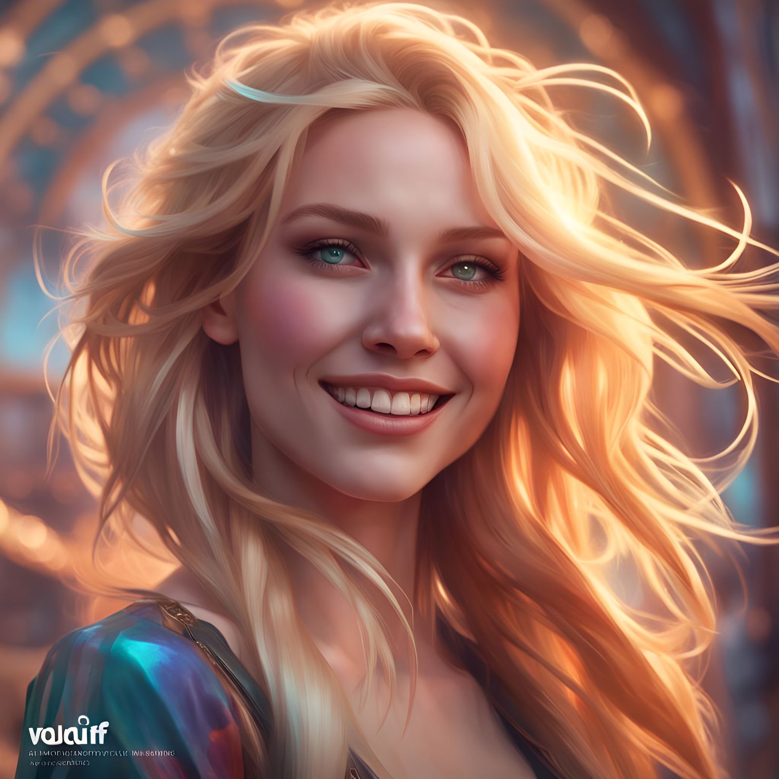 Sunpunk style backdrop, stuning women long blond hair, smiling, depth of field, head and shoulders portrait, 8k resolut...