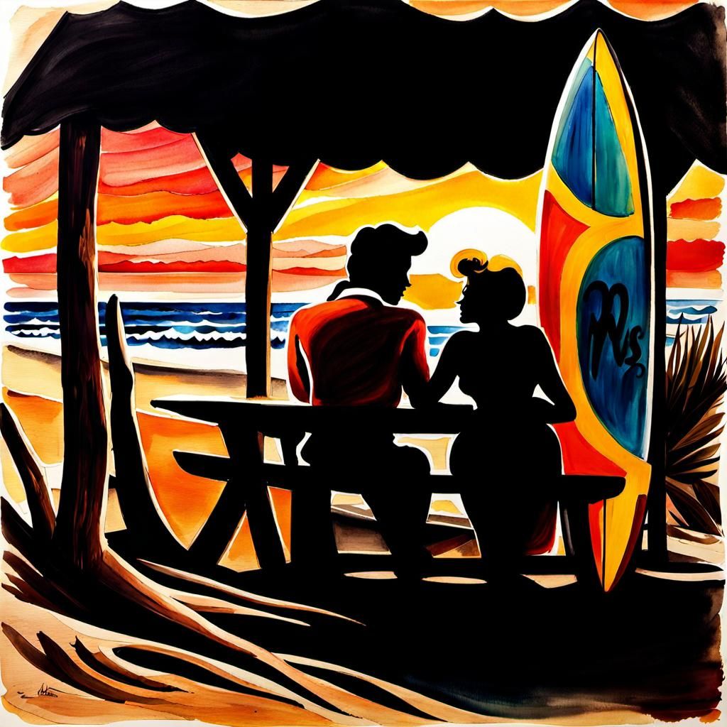 Elvis and Marilyn at Beach Bar: Watercolor Painting