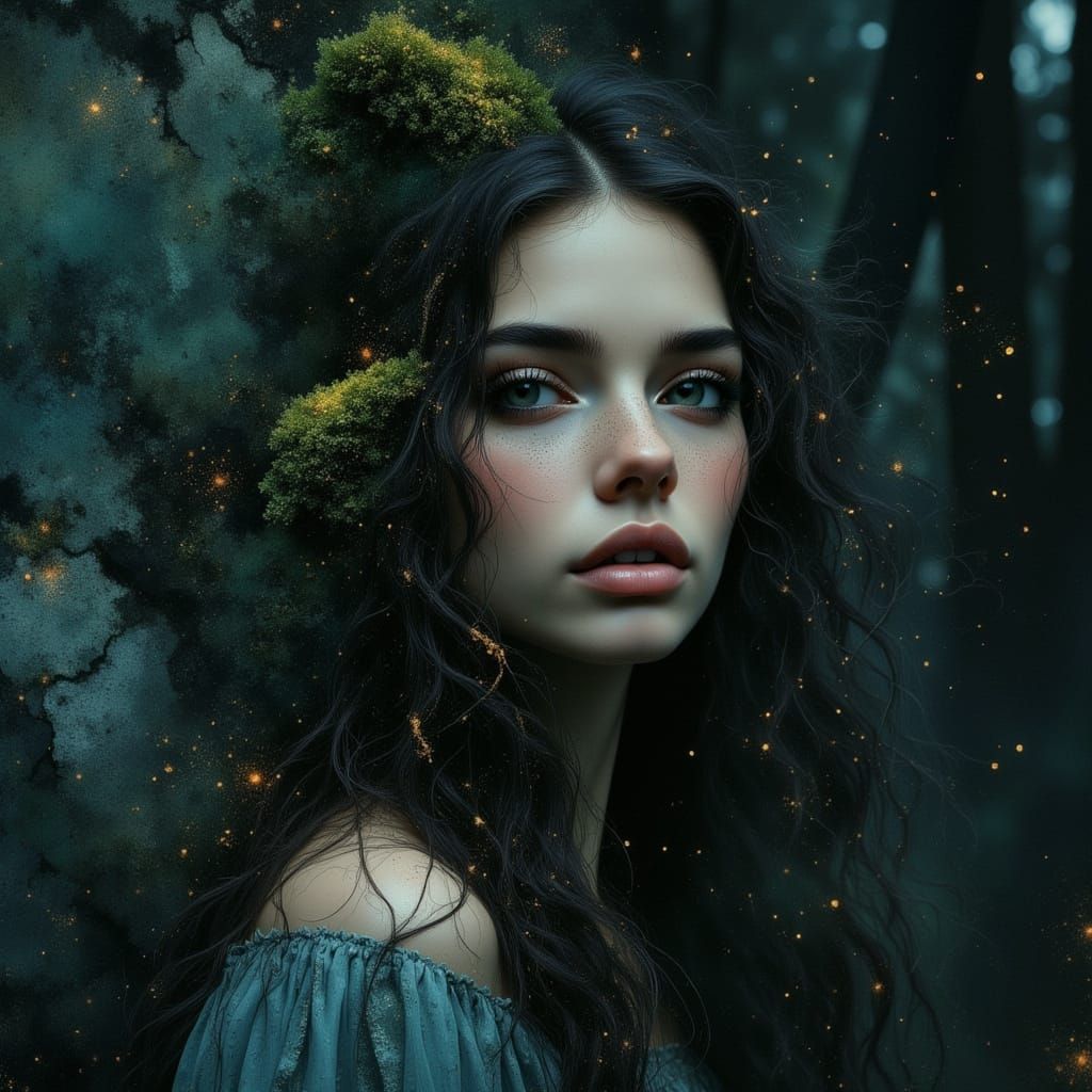 Woman with Bioluminescent Moss Hair in Fantasy Portrait