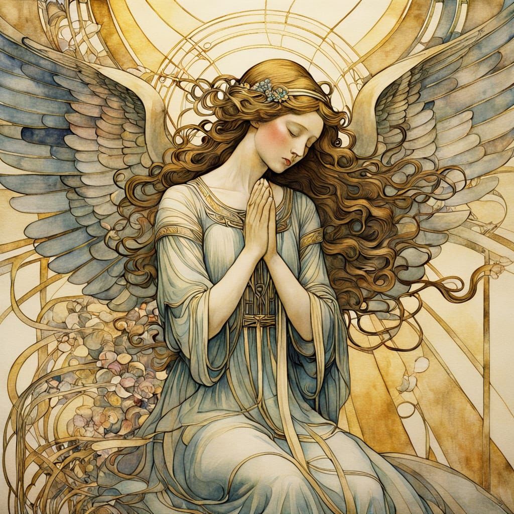 Angel Praying Over War Victim in Art Nouveau Style