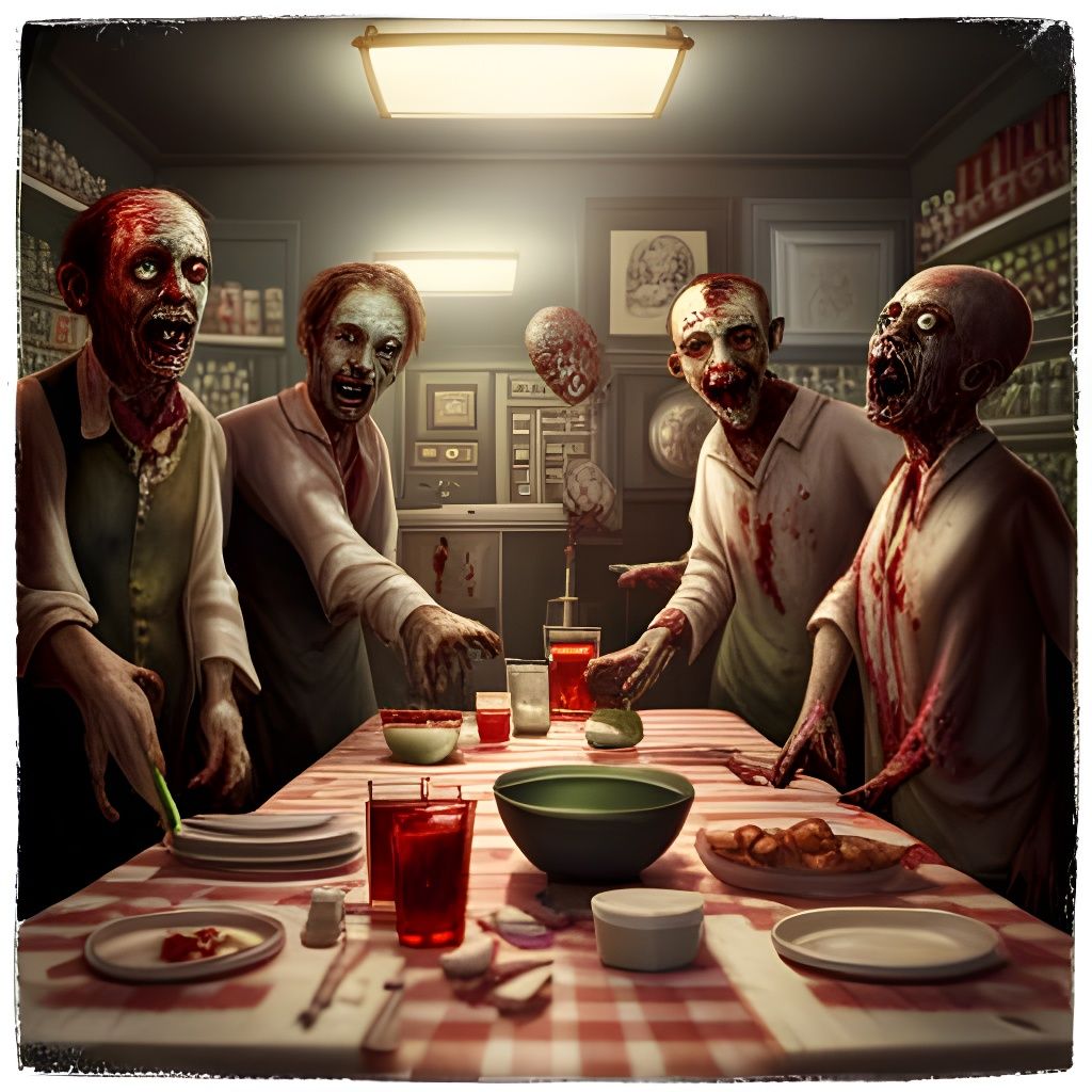 Festive Zombies Celebrate in Butcher Shop