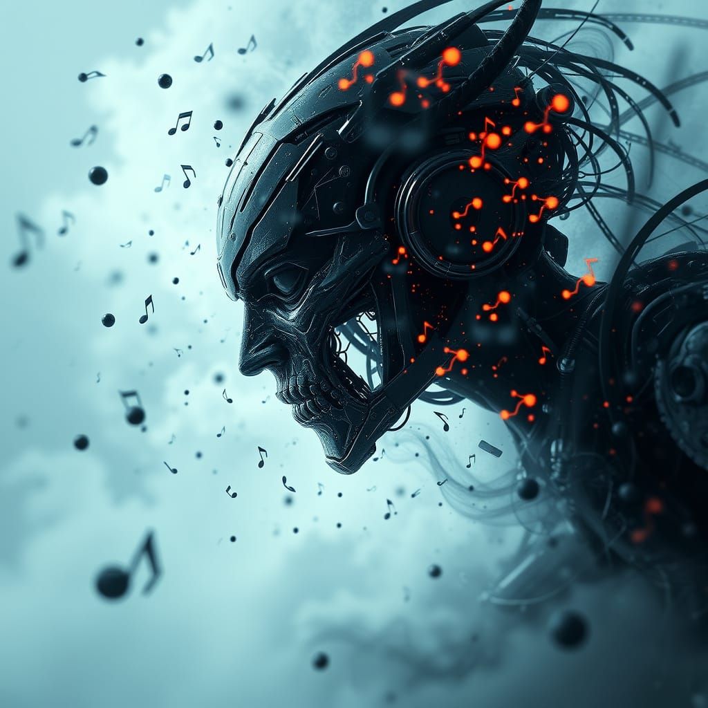 Futuristic Creature in Double Exposure with Dark Musical Not...
