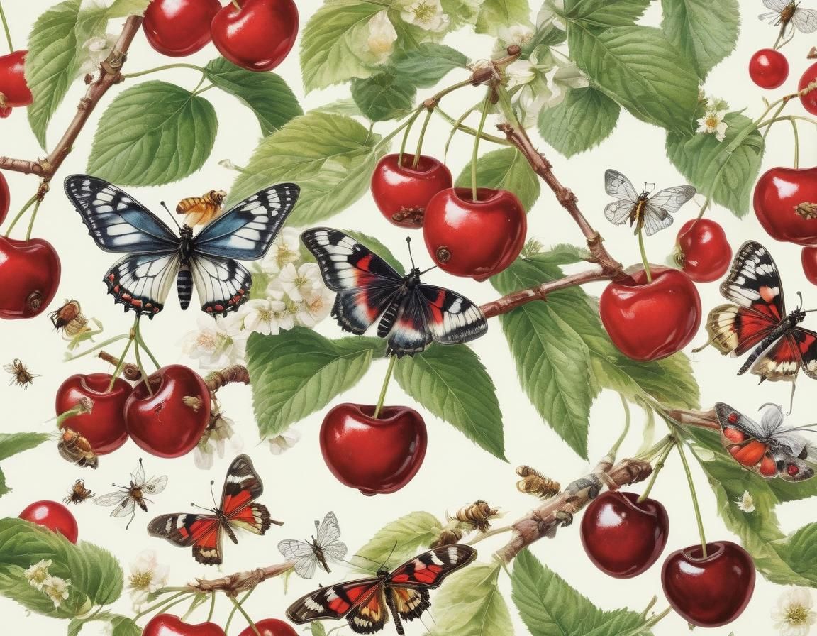 Cherries with Insects: A Botanical Illustration