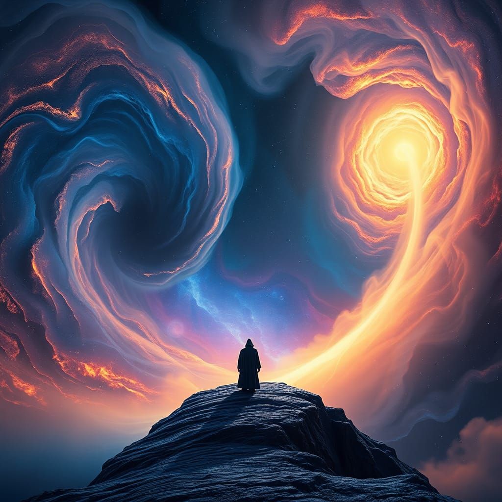 Surreal Cosmic Figure Amidst Iridescent Nebulae