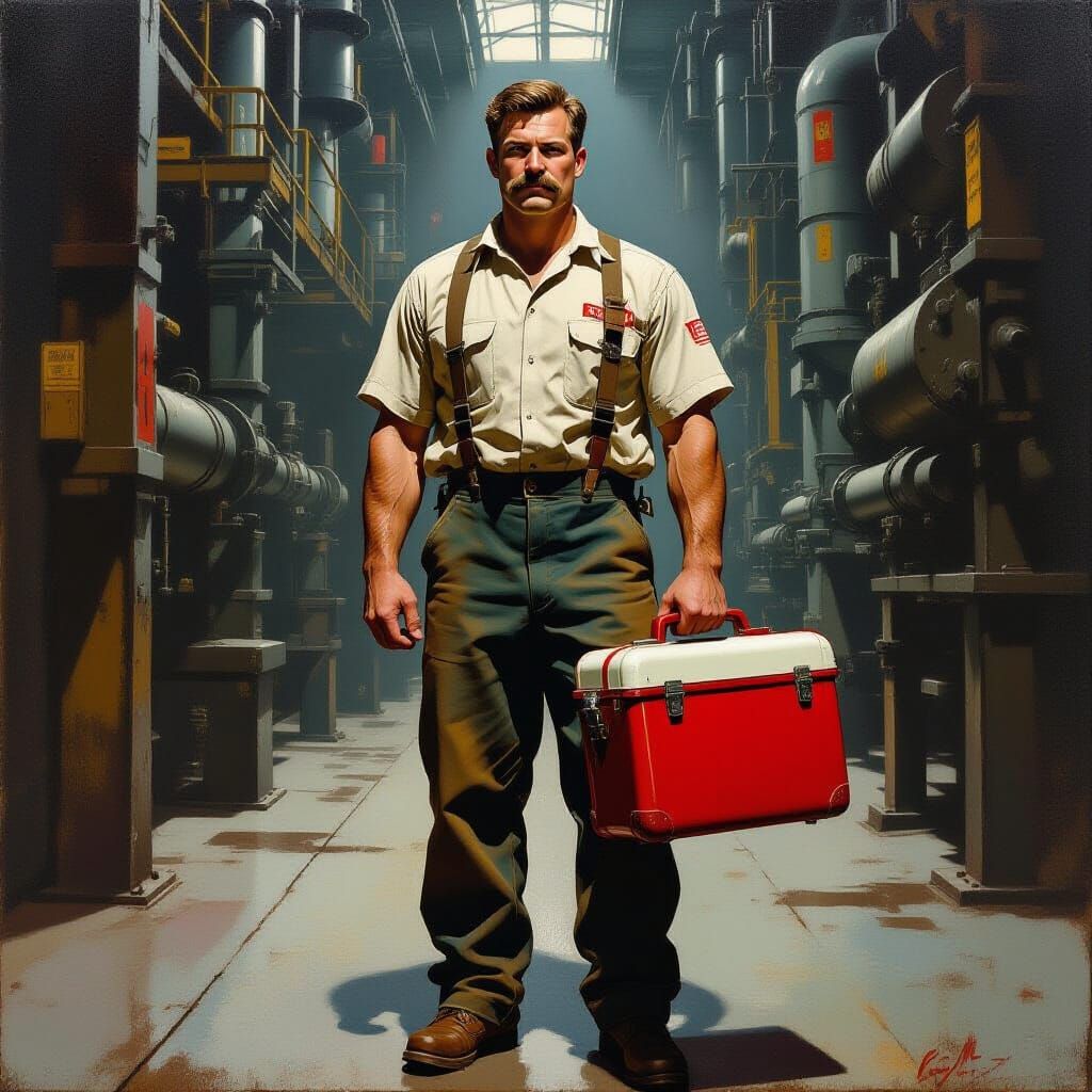 Gritty Digital Painting of a Muscular Man in Power Plant