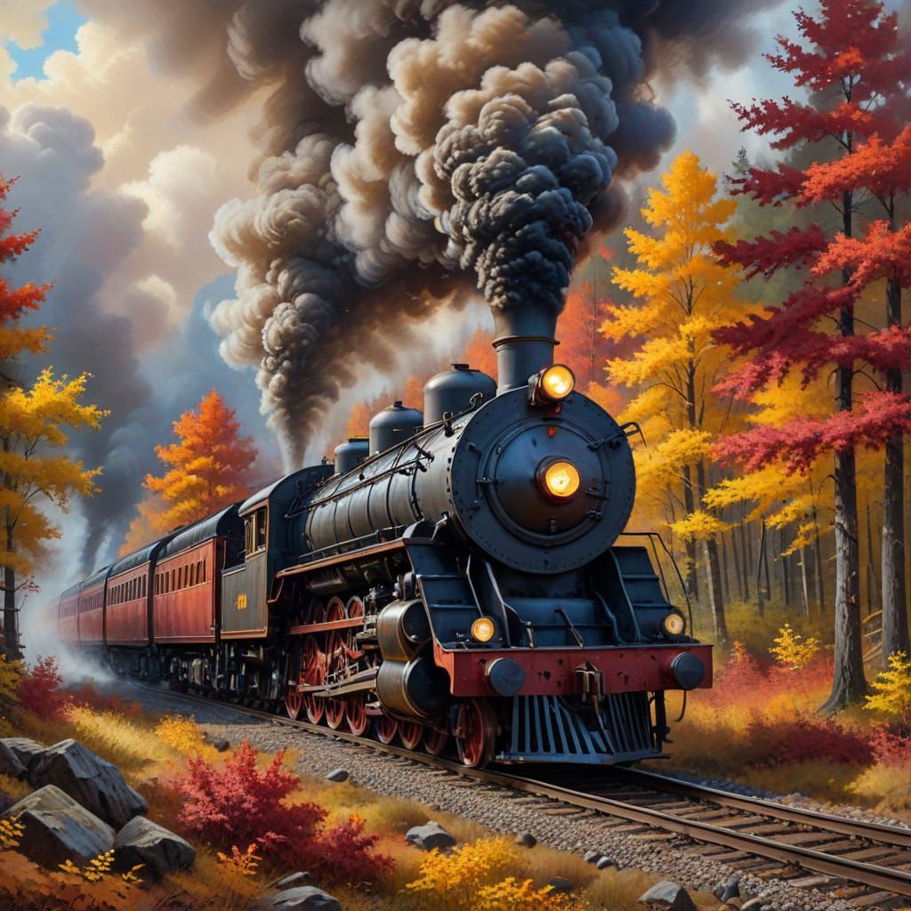 Vintage Steam Train Powers Through Autumn Forest as Oil Pain...