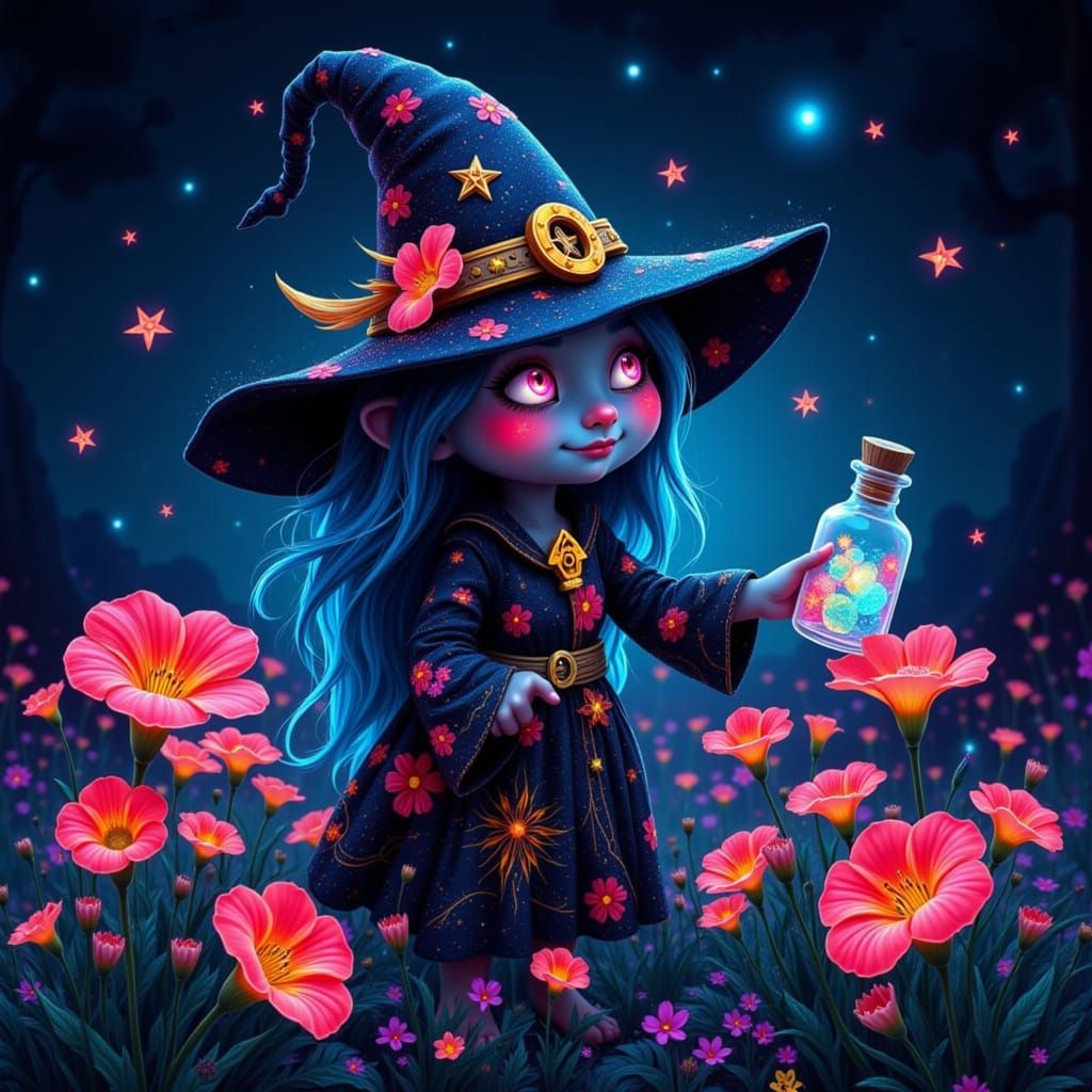 Troll Witch Collecting Starlight Dew in a Luminous Meadow