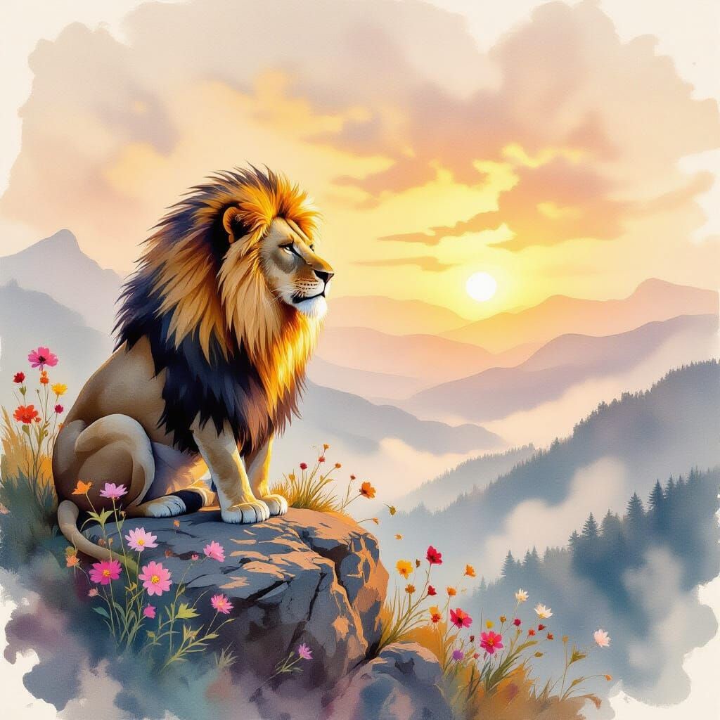 Lion with Wildflower Mane in Watercolor Style