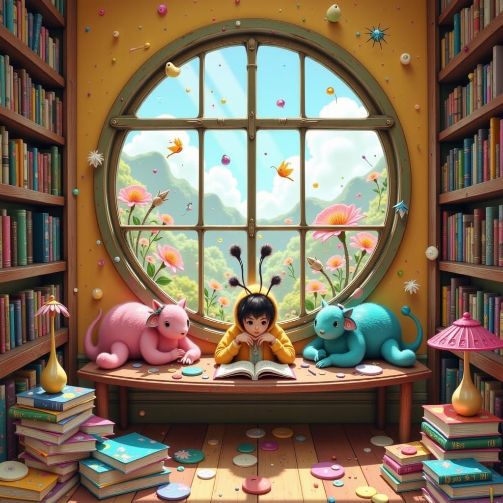 Whimsical Library Nook with Crayons in Children's Book Style