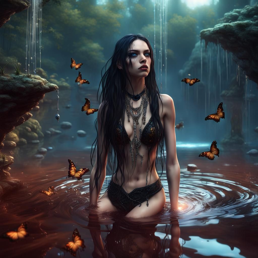 Goth Girl in Blue Goo with Butterflies, Fantasy Art