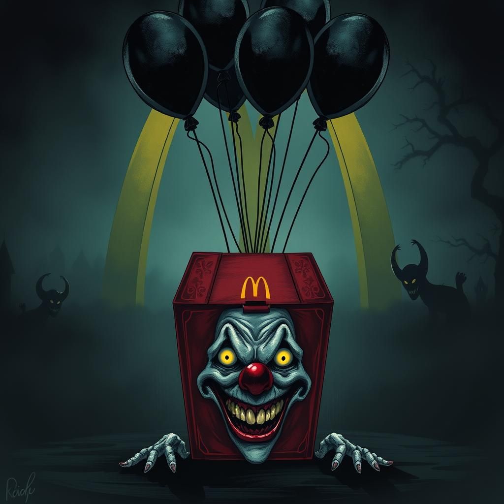 "Unhappy meal", black balloons, creepy clown
