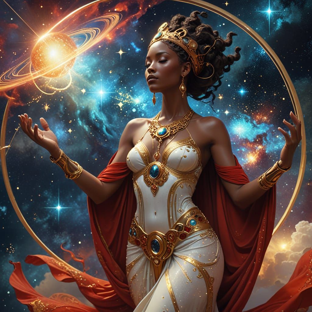 African Goddess Conducting Celestial Symphony in Art Nouveau