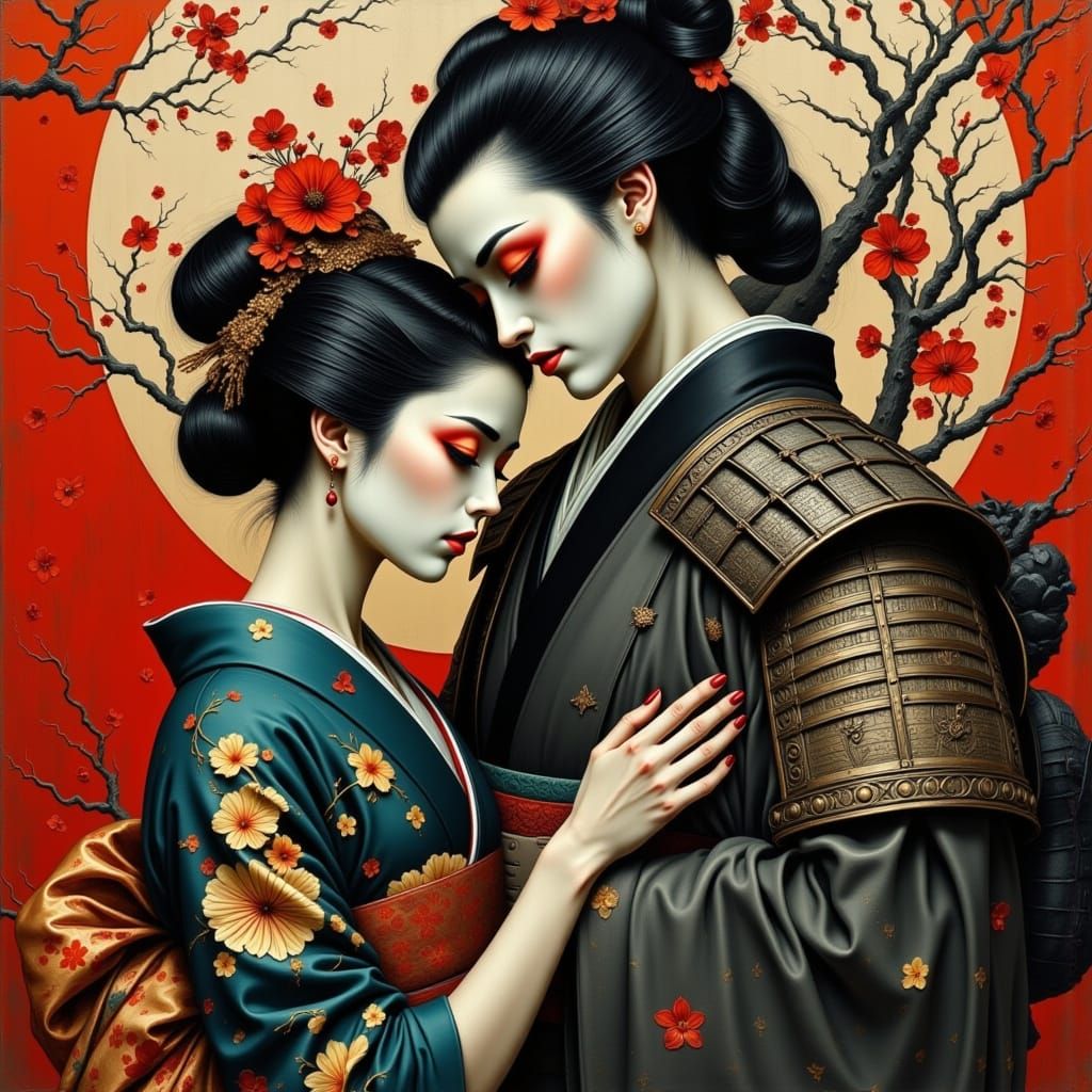 Mourning Geisha with Samurai Love