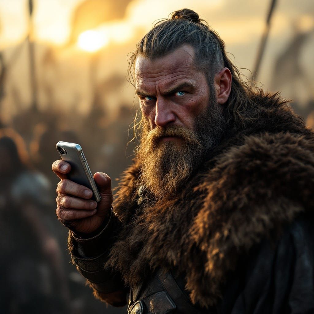 Viking Warrior Pauses Battle with Cell Phone